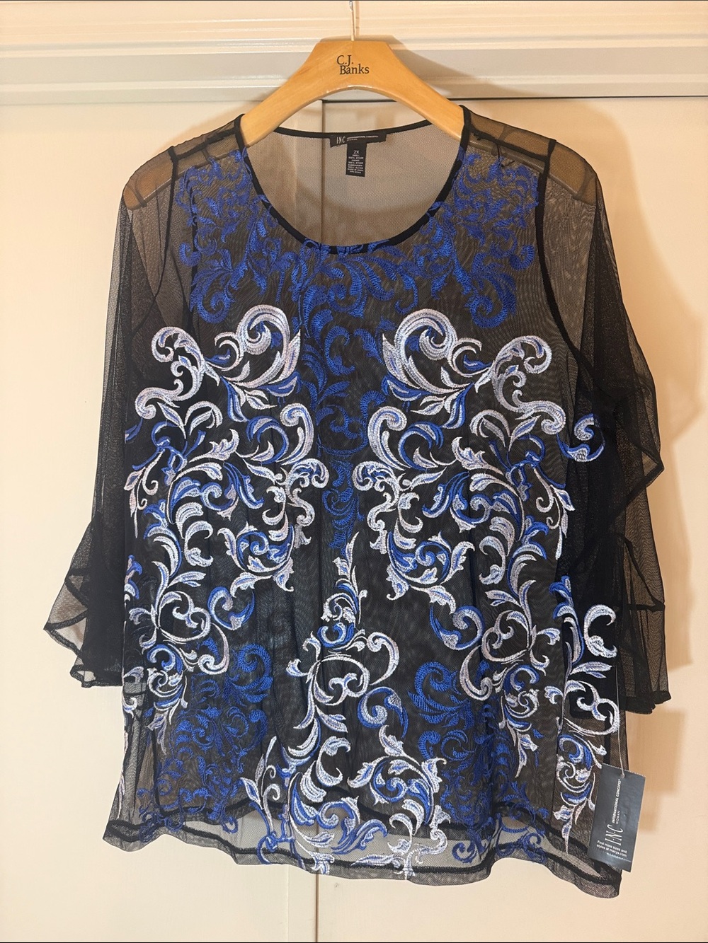 I.N.C. Black Sheer Top with Blue and White Embroidery